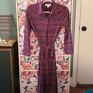 Purple patterned button up dress with waist tie